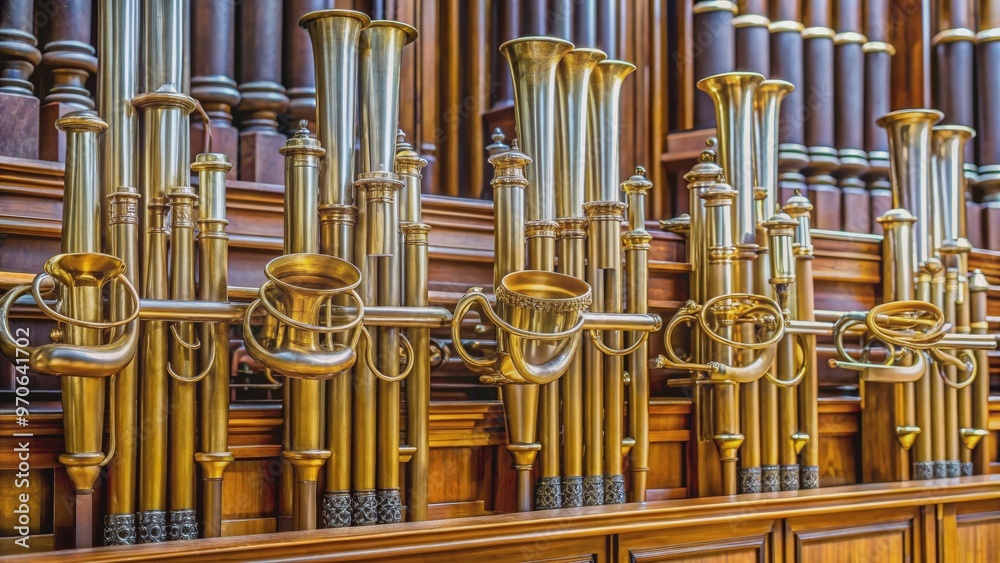 Obraz premium Horizontal trumpets of a pipe organ with powerful reed pipes mounted en chamade , pipe organ, trumpet, horizontal