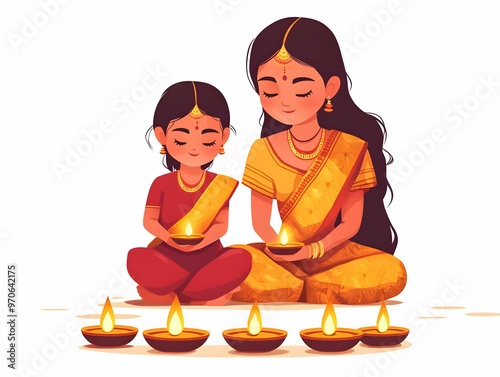 Flat Vector Illustration of Mother and Daughter Joyfully Lighting Diwali Diyas Together, Celebrating Cultural Traditions and Family Bonding Moments