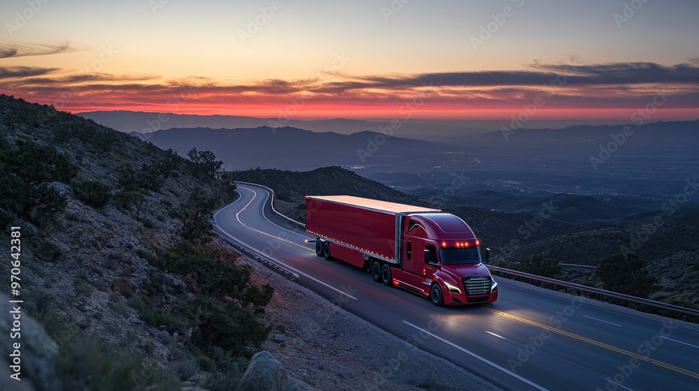 Fototapeta premium A red semi-trailer truck drives along a mountain road at sunset, with a view of a valley below.