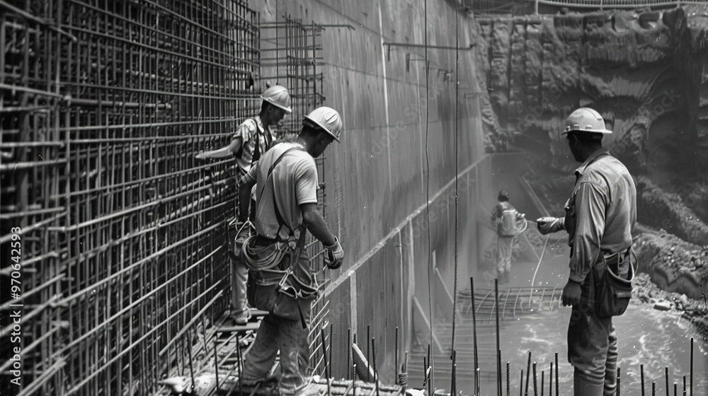 A vivid view of construction workers engaged in their tasks on the construction site. The workers are wearing hard hats and safety vests. They are using various tools and equipment. Some might be lift A vivid view of construction workers engaged in their tasks on the construction site. The workers are wearing hard hats and safety vests. They are using various tools and equipment. Some might be lift