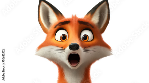 Astonished Surprised Frightened Cartoon Red Fox Portrait in 3D Style Isolated on Transparent Background PNG