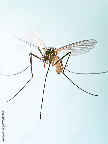 Agile Mosquito in Flight on Soft Blur Pale Blue Background with Spacious Clear Skies - Motion Blur Mosquito Photography