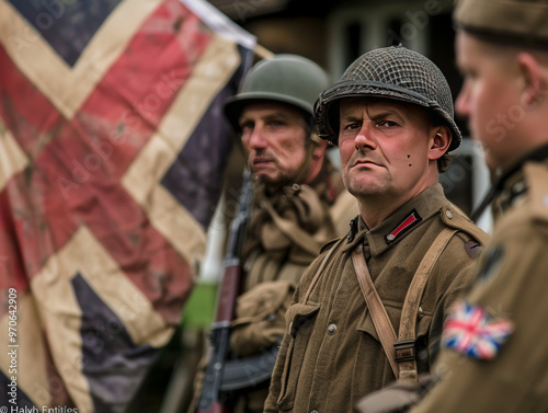 1940s British soldier in World War II attire stands next to an English union jack flag. open air exhibition of war equipment. 1940s memorial ww1 ww2