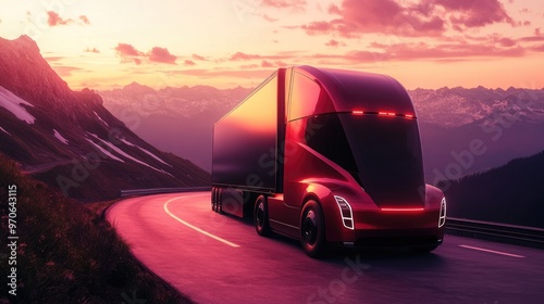 A red electric semi-trailer truck drives on a winding mountain road at sunset. photo