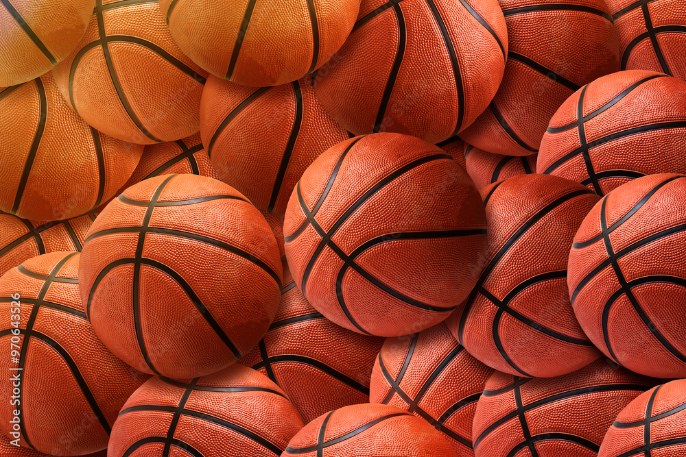 a lot of orange basketballs lying in an endless pile, top view.