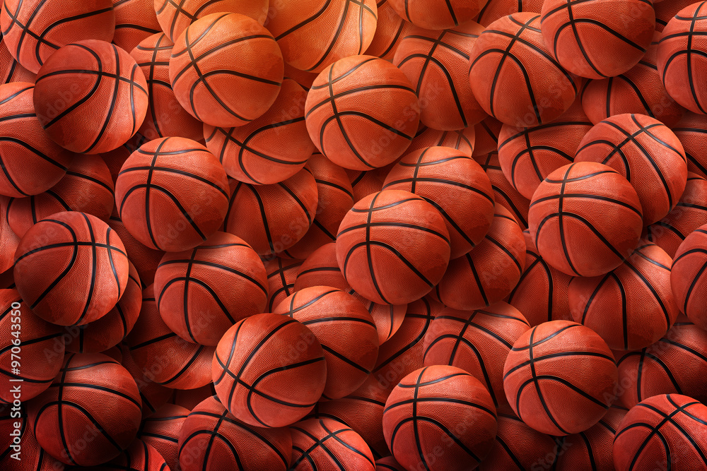 Many orange basketballs lying in an endless pile, top view. Many orange basketballs lying in an endless pile, top view.