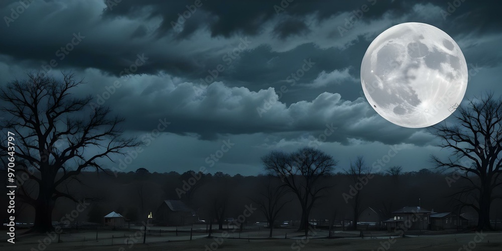 Dark, stormy clouds fill the sky with a full moon visible through the gloom. Silhouetted in the foreground are the shapes of trees and other structures. Dark, stormy clouds fill the sky with a full moon visible through the gloom. Silhouetted in the foreground are the shapes of trees and other structures.