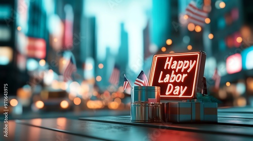 Vibrant city scene celebrating Labor Day with neon sign and festive elements, perfect for showcasing holiday spirit. photo