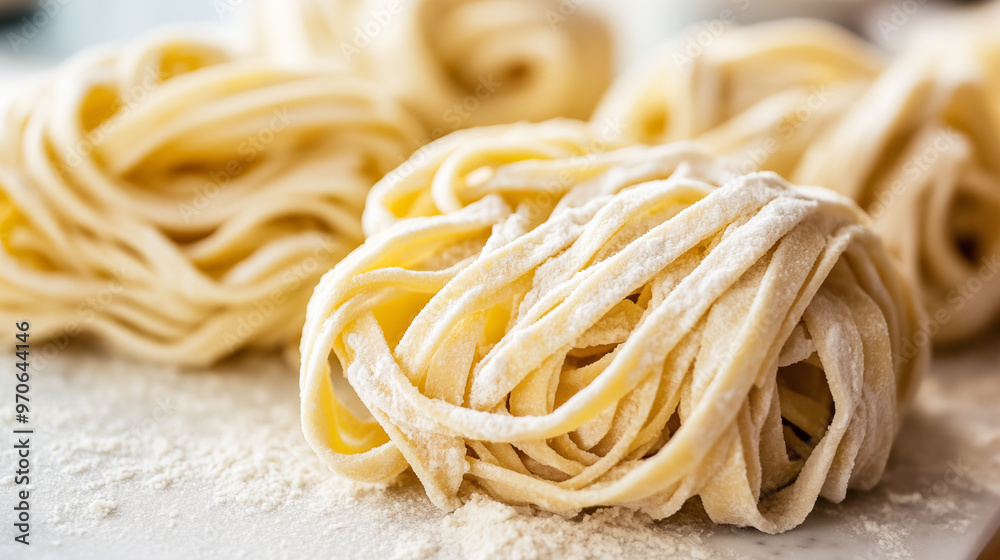 Close-up of freshly made noodles dusted with flour. Close-up of freshly made noodles dusted with flour.