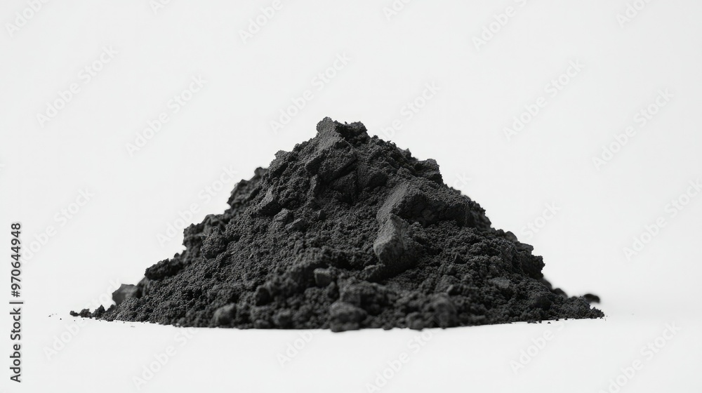 A close-up shot of charcoal powder arranged in a small mound on a white background, ideal for highlighting its texture A close-up shot of charcoal powder arranged in a small mound on a white background, ideal for highlighting its texture