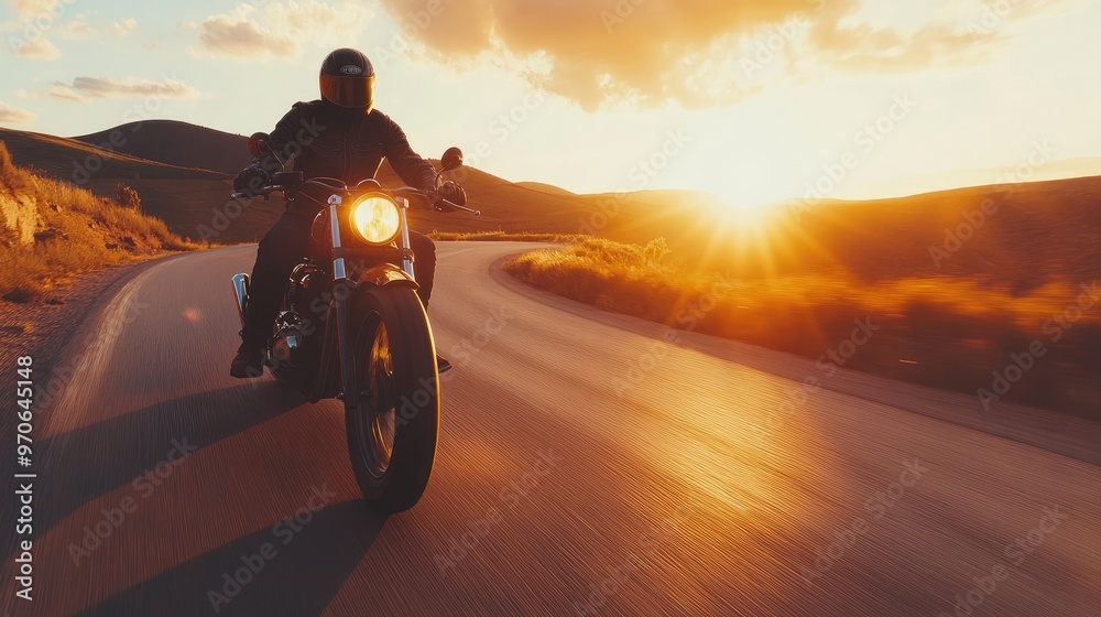 A motorcyclist rides down a winding road at sunset, the sun creating a golden glow over the hills in the distance. A motorcyclist rides down a winding road at sunset, the sun creating a golden glow over the hills in the distance.