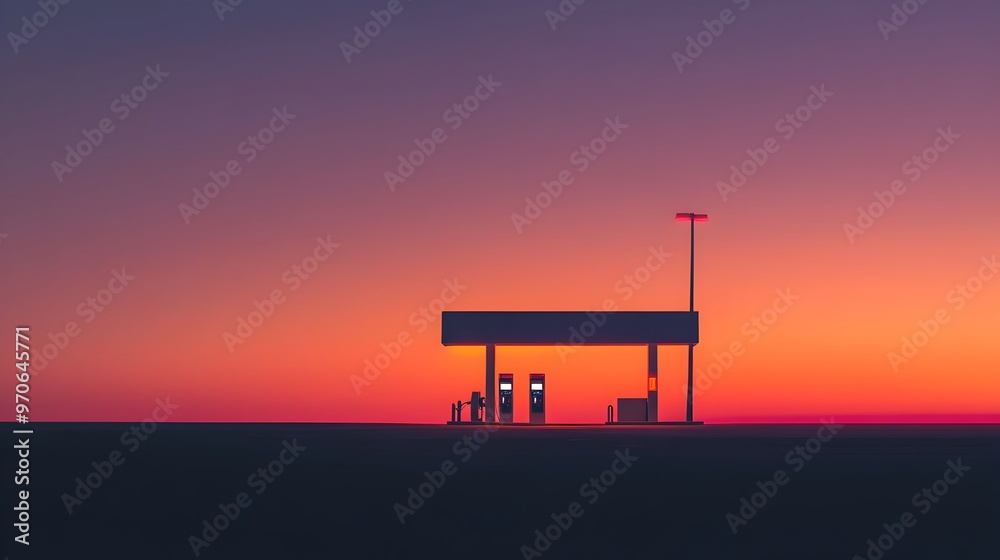 Dramatic Silhouette of a Gas Station at Dusk with Vibrant Horizon Dramatic Silhouette of a Gas Station at Dusk with Vibrant Horizon