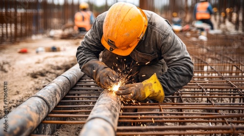 Construction Worker Welding Metal Pipes in a Rebar Grid photo