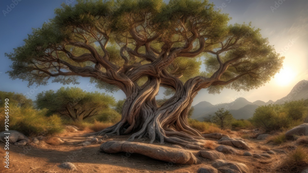 Ancient Twisted Tree in a Mountainous Landscape Ancient Twisted Tree in a Mountainous Landscape