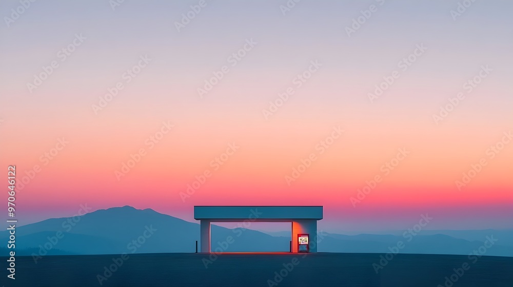Dramatic Silhouetted Gas Station Framed by Vibrant Sunset and Mountainous Landscape Dramatic Silhouetted Gas Station Framed by Vibrant Sunset and Mountainous Landscape