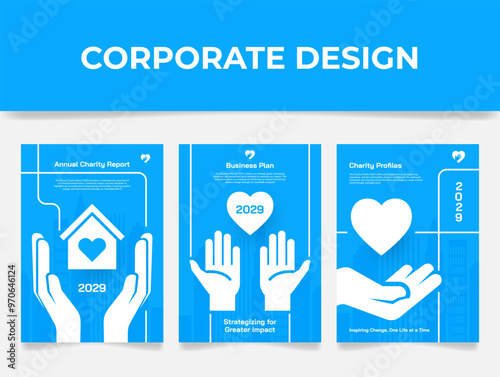 Corporate design style annual charity report cover templates showcasing effective community outreach initiatives
