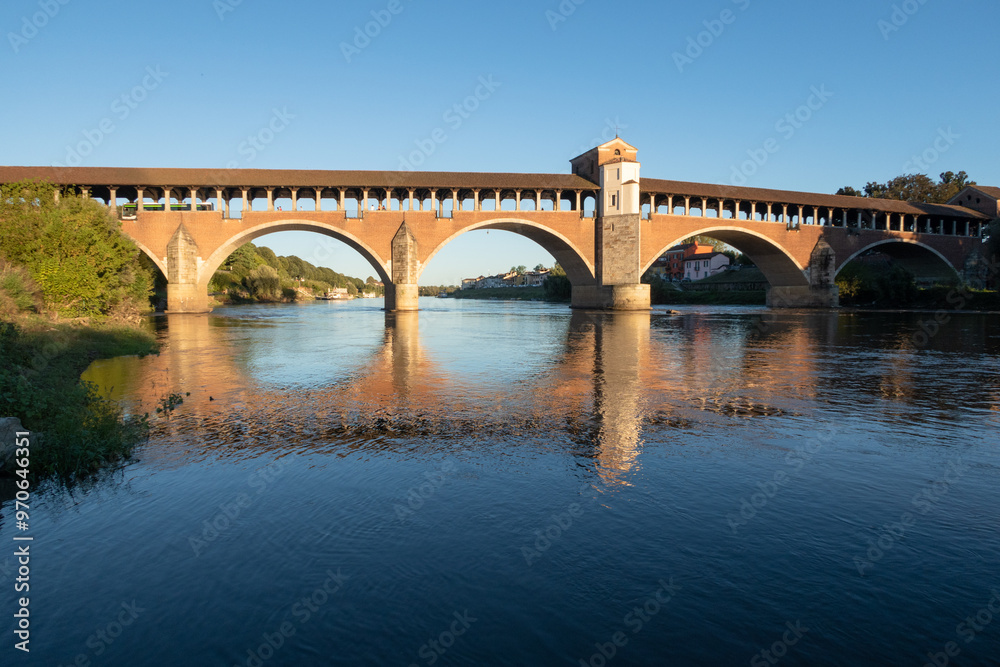 Fototapeta premium Pavia Covered bridge river Ticino panorama landscape vision village feeling ancient