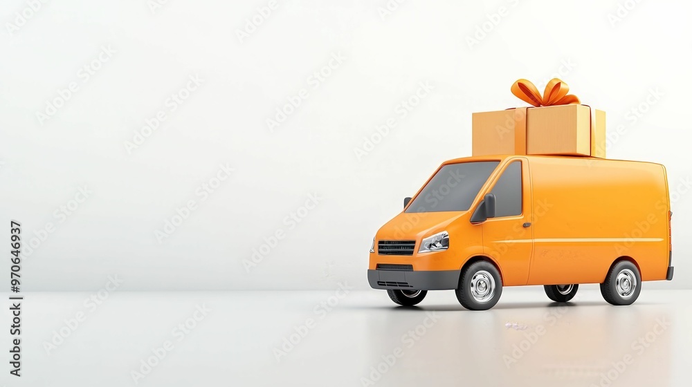 A bright orange delivery van carrying gift-wrapped boxes on its roof, set against a minimalistic white background, symbolizing festive delivery A bright orange delivery van carrying gift-wrapped boxes on its roof, set against a minimalistic white background, symbolizing festive delivery