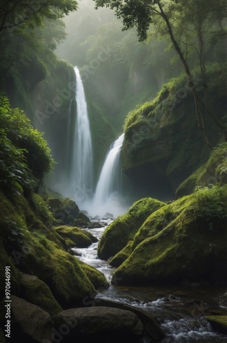 Lush Green Cliffs with Cascading Waterfalls in a Misty Forest.