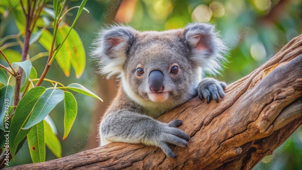 Fototapeta premium Adorable koala bear cub resting in a eucalyptus tree , wildlife, Australian, cute, fluffy, baby animal, native, marsupial