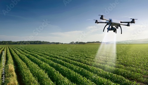 A drone flying over a green field, spraying crops and showcasing modern agricultural technology in action.