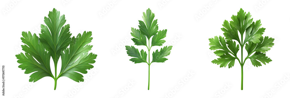 Fresh parsley leaves in three variations isolated on transparent background Fresh parsley leaves in three variations isolated on transparent background