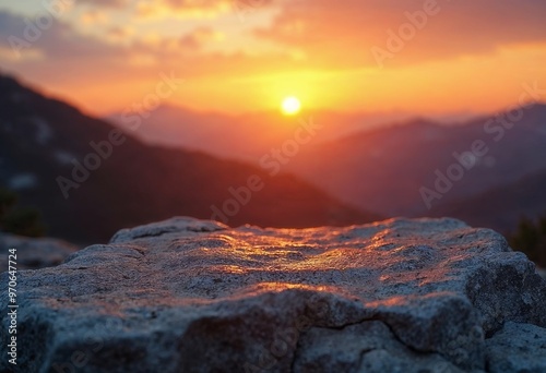 Sunset glow over a textured stone surface with mountain background