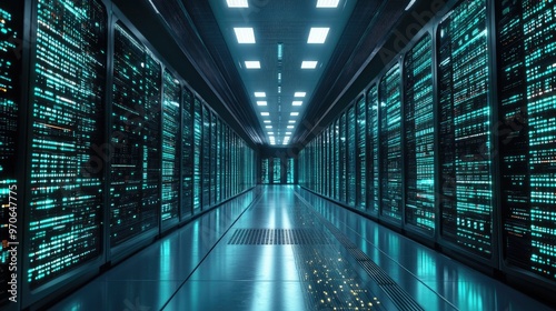 A long corridor in a data center filled with rows of powerful servers. The servers are illuminated with blue lights, casting a futuristic glow on the polished metal floor.