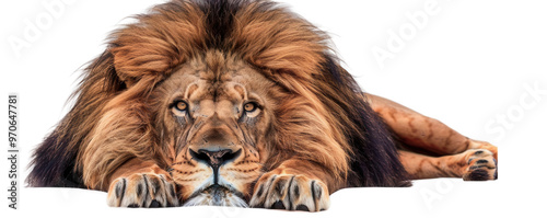 Majestic lion resting with a powerful presence, showcasing its beautiful mane and fierce gaze. A symbol of strength and courage.  transparent background
