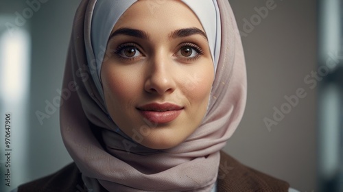 Happy young beautiful woman wearing hijab in the office