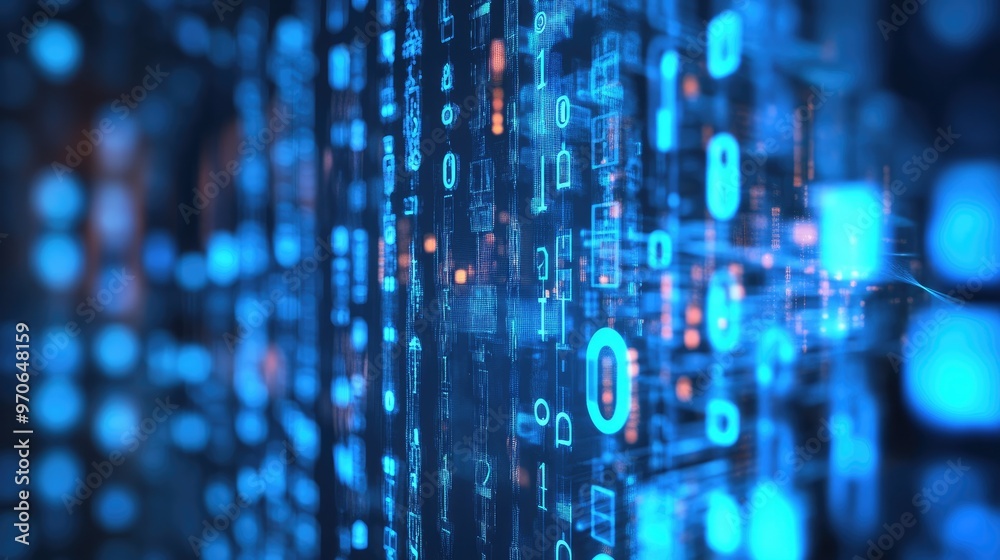 Abstract digital background with binary code, data, and circuits in blue and orange hues. Abstract digital background with binary code, data, and circuits in blue and orange hues.