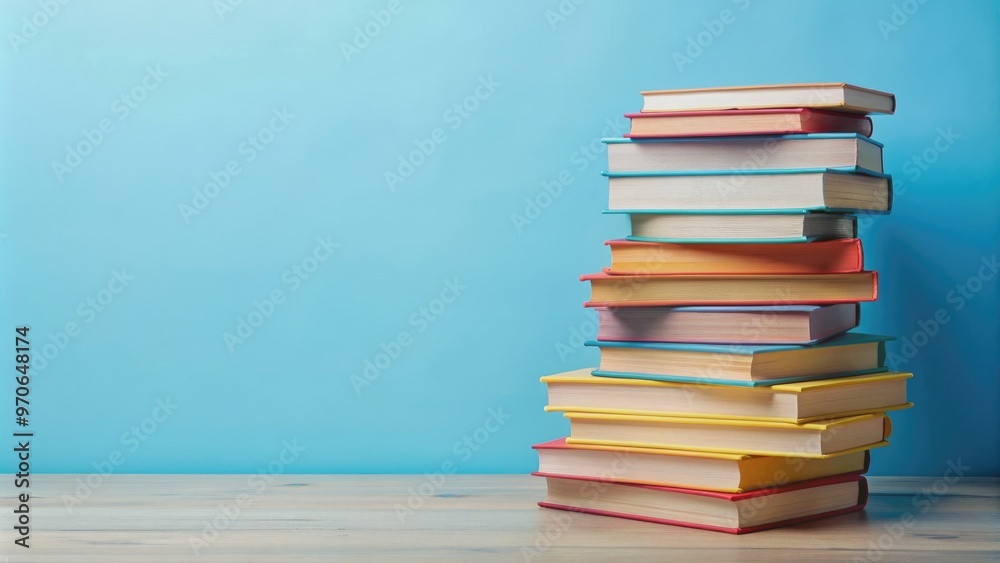 Fototapeta premium Stack of colorful books on light blue background, books, education, reading, learning, knowledge, literature, library