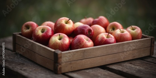 Fresh red apples neatly arranged in a rustic wooden box.