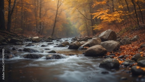 Tranquil Autumn River Through Colorful Forest. photo