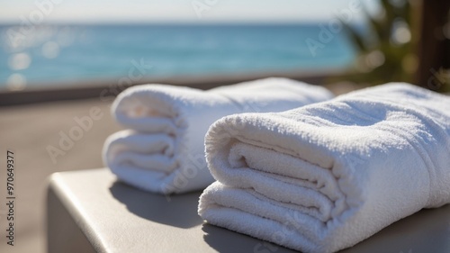 Two Rolled White Towels Beside a Blue Pool with an Ocean View. photo