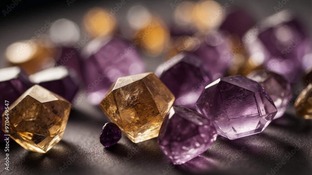 A collection of purple crystals with a yellowish tint. A collection of purple crystals with a yellowish tint.