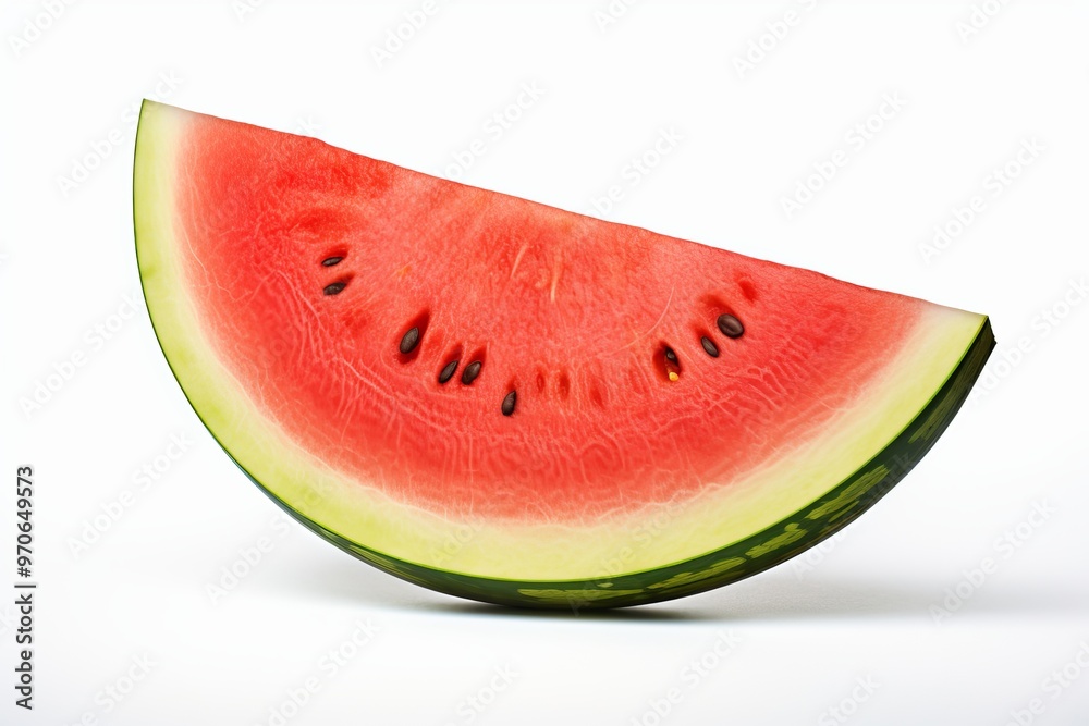 Freshly cut watermelon slice on a clean white background showcasing vibrant colors and texture Freshly cut watermelon slice on a clean white background showcasing vibrant colors and texture