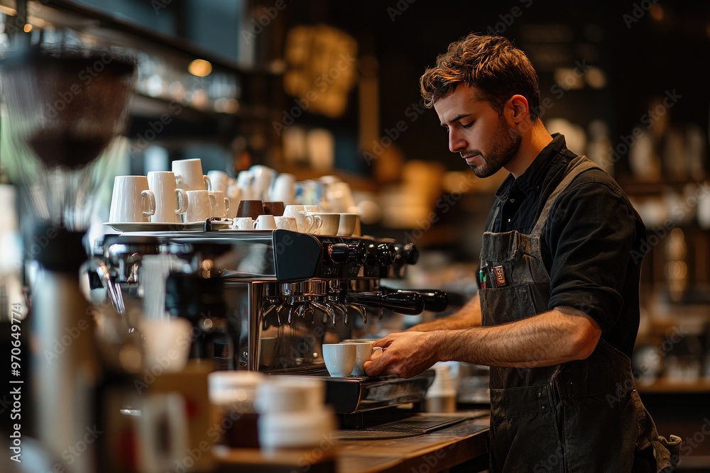 Barista is making a cup of coffee using an espresso machine in a coffee shop, with a selection of ceramic cups in the background Barista is making a cup of coffee using an espresso machine in a coffee shop, with a selection of ceramic cups in the background