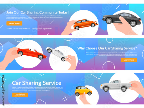 Banners inviting you to join the car sharing community today and discover convenient options for renting vehicles for trips in urban areas.