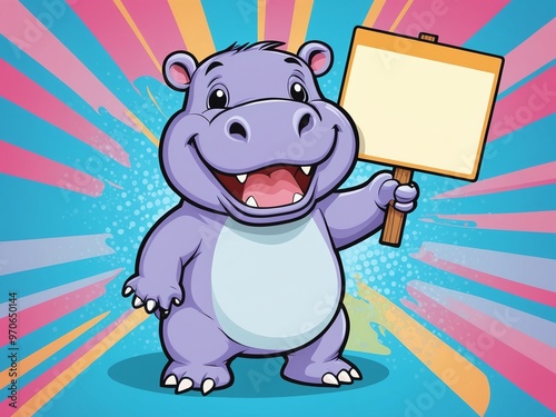 cartoon style of Cute baby hippo cartoon character holding up a blank sign, colorful cartoon character, empty banner