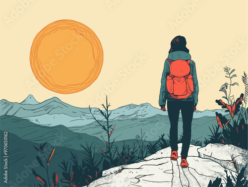 Adventure in the Great Outdoors: A Cartoon Hiker Embraces Nature's Embrace