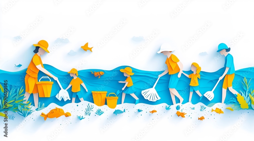Fototapeta premium Family Beach Cleanup Colorful Illustration of Collective Effort