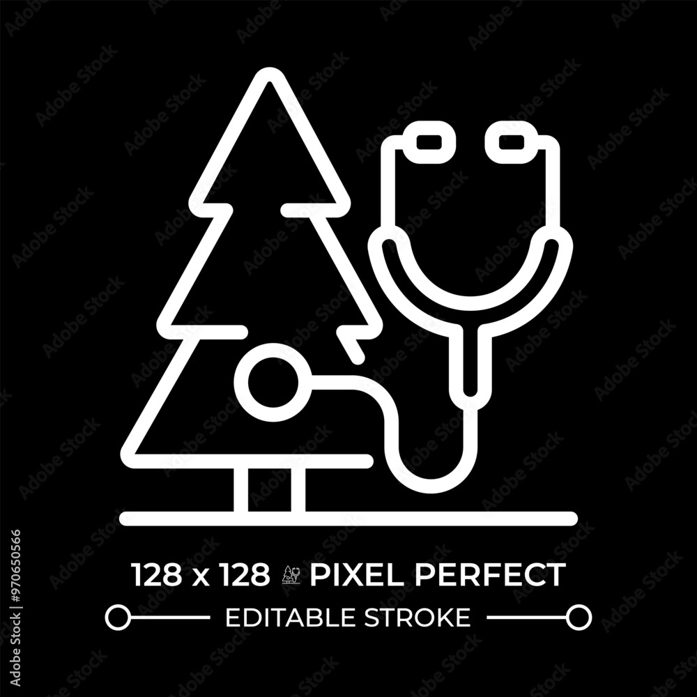 Tree health care white linear icon for dark theme. Tree diagnosis and treatment. Plant care. Arboriculture. Forestry. Thin line illustration. Isolated symbol for night mode. Editable stroke Tree health care white linear icon for dark theme. Tree diagnosis and treatment. Plant care. Arboriculture. Forestry. Thin line illustration. Isolated symbol for night mode. Editable stroke