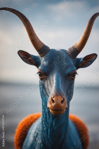 A blue and orange sea creature with a long horn on its head. photo