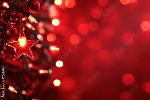 Red festive background with Christmas star and lights
