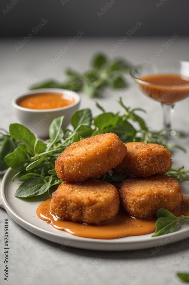 Vegetarian nuggets with vegan sauce and arugula leaves on a light background. Vegetarian nuggets with vegan sauce and arugula leaves on a light background.