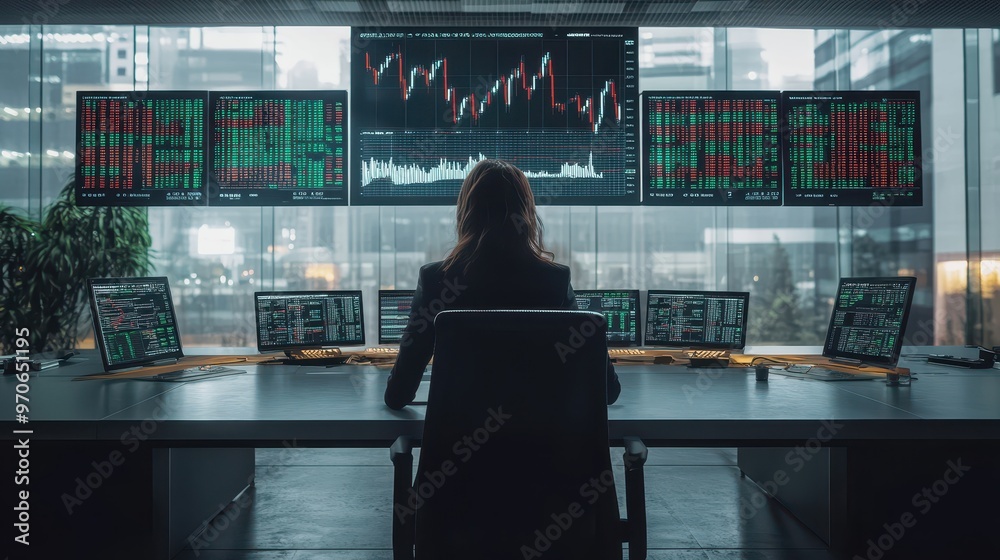 Businesswoman alone in a large boardroom, multiple devices showing plummeting stocks, Panic sell, economic collapse concept Businesswoman alone in a large boardroom, multiple devices showing plummeting stocks, Panic sell, economic collapse concept