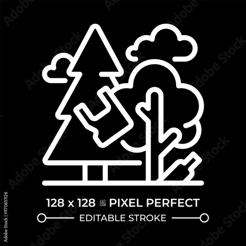 Forest pollution white linear icon for dark theme. Plastic waste. Nature contamination. Human impact. Ecosystem damage. Garbage. Thin line illustration. Isolated symbol for night mode. Editable stroke