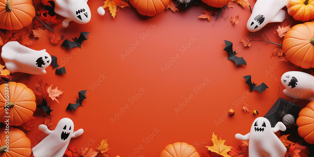 Fototapeta premium Happy Halloween banner, party invitation background with ghosts, bats and pumpkins in 3D style. Place for text.