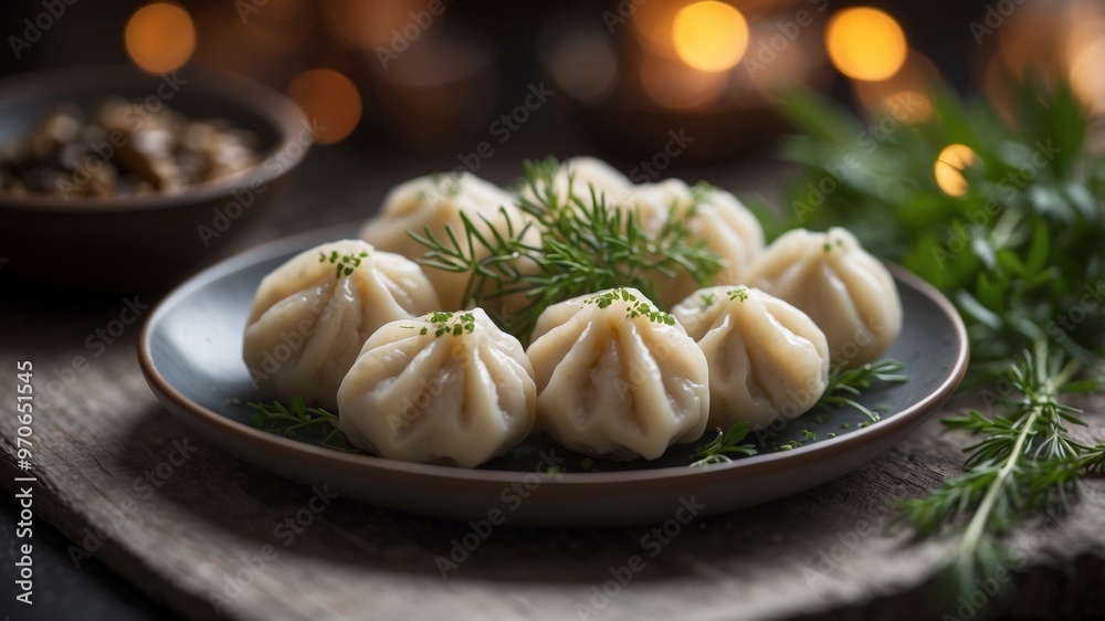 Traditional dumplings in a plate with herbs. Traditional dumplings in a plate with herbs.
